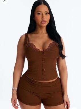 Fashion Nova Chocolate Brown Ribbed Lace-Trim Sleep Tank & Shorts Set